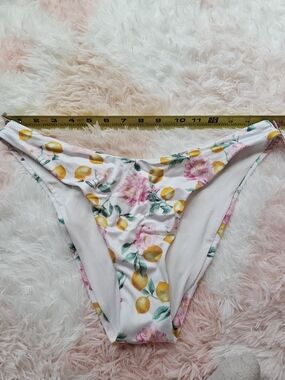 Victoria's Secret White Bikini Bottoms with Pink Floral & Yellow Lemon Print